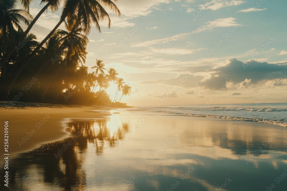 Aufkleber stunning sunset over a tranquil beach with palm trees reflecting on the waters surface. generative a