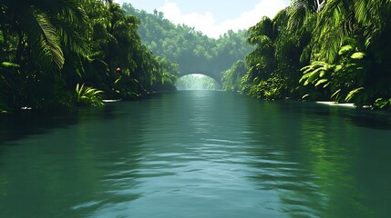 Fototapeta premium Serene Jungle River Passage Under a Natural Archway of Greenery and Lush Foliage Scenery View