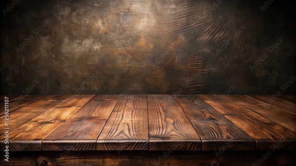 Poster rustic wooden table with a blurred dark brown textured background, perfect for showcasing products o