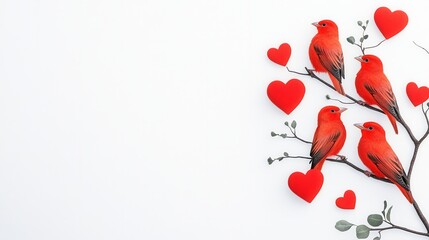 Four red birds on branch with hearts on white background.