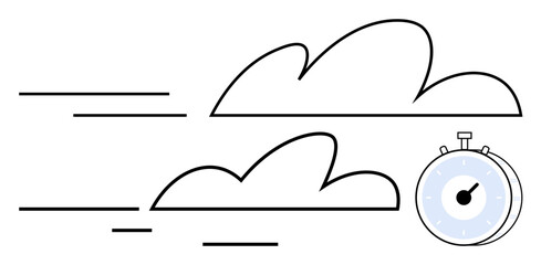 Clouds moving fast with a stopwatch symbolizing quick progress, efficiency, and time tracking. Ideal for themes of productivity, deadlines, urgency, planning, speed, optimization abstract line flat