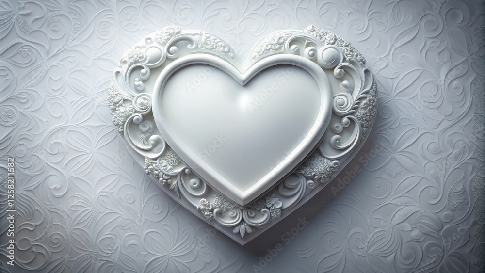 Poster a white heart-shaped frame with ornate details on a white background with delicate floral patterns.