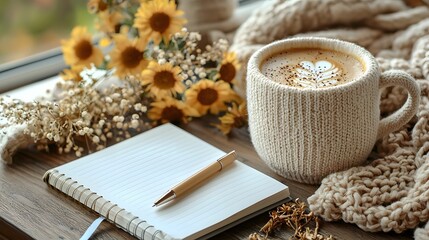 Fototapeta premium A cozy and inviting flat lay scene showcasing a minimalist workspace with a coffee cup notebook and pen arranged on a clean desk surface