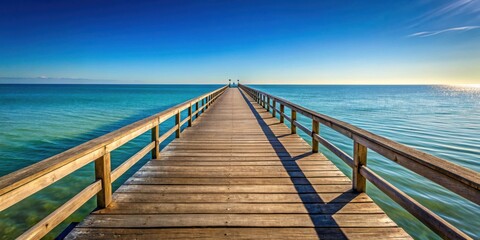 Fototapeta premium A wooden pier extends into the calm blue ocean waters on a sunny day, inviting you to walk towards the horizon and experience the serene beauty of the sea.