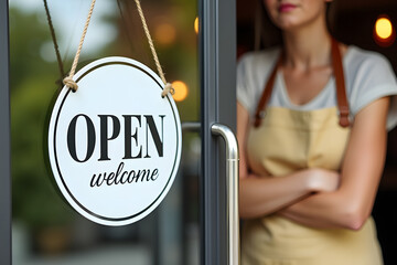 A glass door with a white sign displaying 'OPEN' and 'welcome', with lady shop owner in a warm cafe interior.