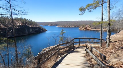 Fototapeta premium Serene Lake Vista Point Landscape View With Boardwalk Path Amidst Nature On A Bright Sunny Day