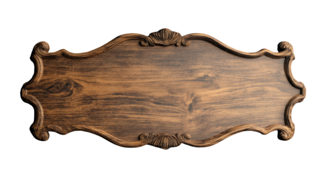 Empty wooden sign with ornate frame on transparent background