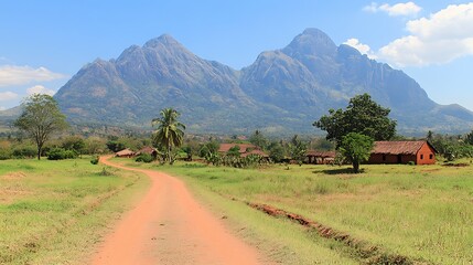 Serene Landscape Scenery Featuring Mount Mulanje Against a Clear Sky with Rural Pathway View