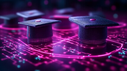 Graduation Caps on a Circuit Board Representing Digital Education