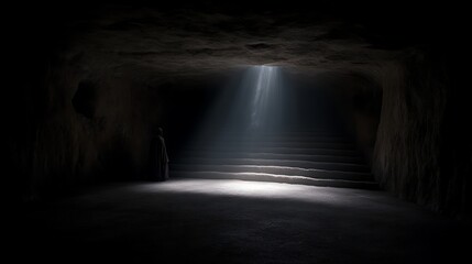 Serene Light in the Cave Darkness Awaits the Lonely Figure on the Steps of Mystery and Unknown Future