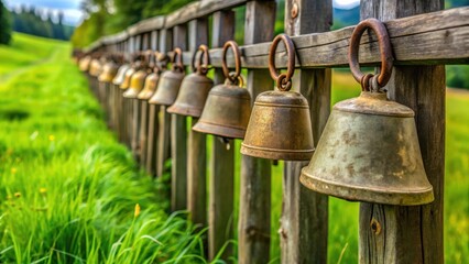 Fototapeta premium A row of weathered bells hang from a wooden fence, swaying gently in the breeze, their tones blending with the rustling of the tall grass and the distant chirping of birds.