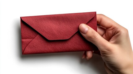 Fototapeta premium Hand Holding a Small Dark Red Textured Envelope