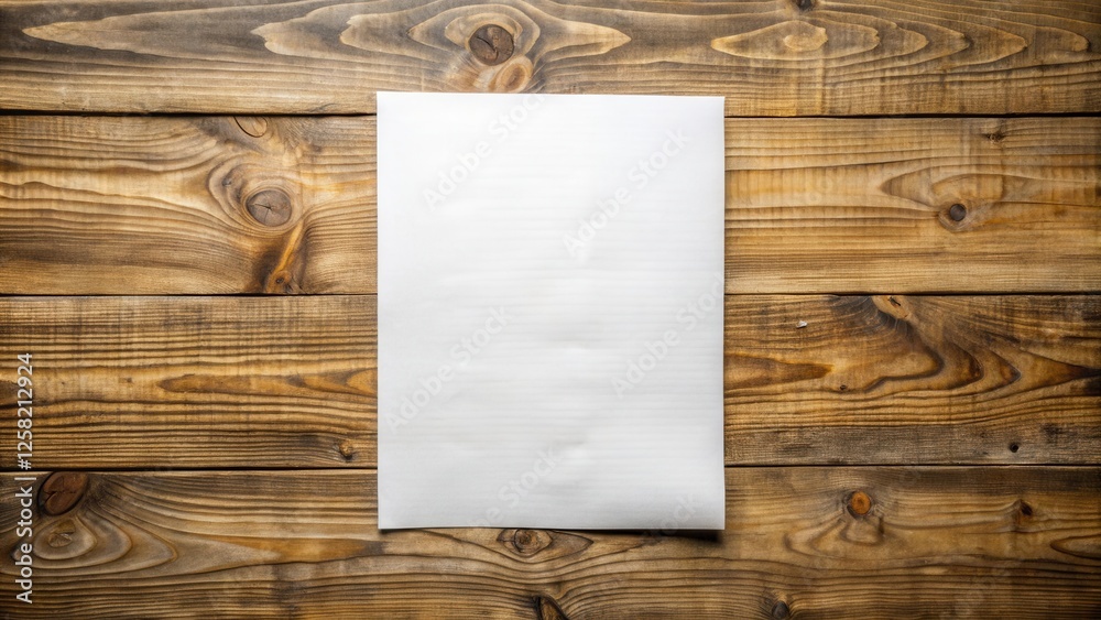 Poster a blank sheet of white paper laid flat on a surface of rustic wood grain texture, ideal for a variet