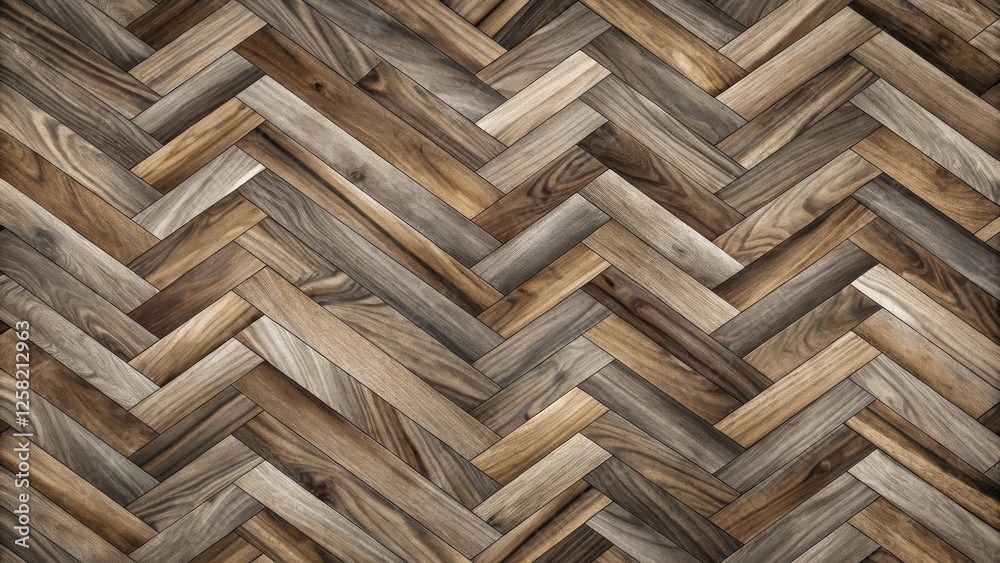 Poster wooden parquet flooring with a herringbone pattern, featuring a rich and diverse array of wood tones