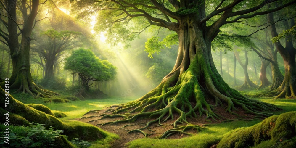 Poster sunlight filtering through the canopy illuminates the moss-covered roots of a majestic tree, casting