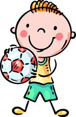 Little soccer player standing and holding a soccer ball. Isolated cartoon kid