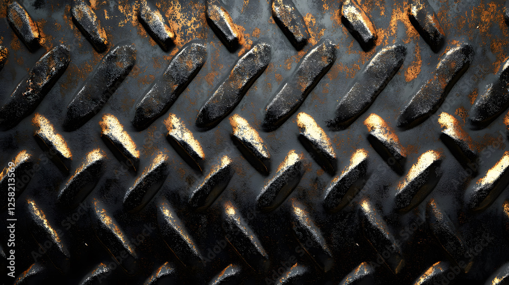 Poster a close-up view of a textured metal surface featuring a diamond pattern, highlighting wear and rust 