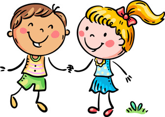 Happy cartoon kids holding hands outdoors, colorful vector illustration, isolated characters