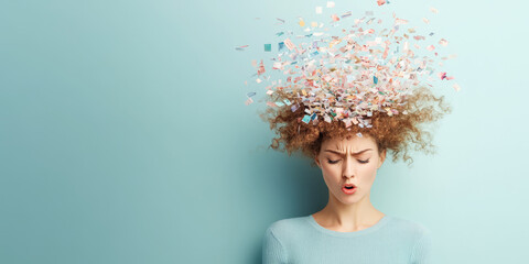 Conceptual image of a woman appearing overwhelmed as her head bursts into pieces of data. The metaphorical visual illustrates stress, mental clutter, and cognitive overload.