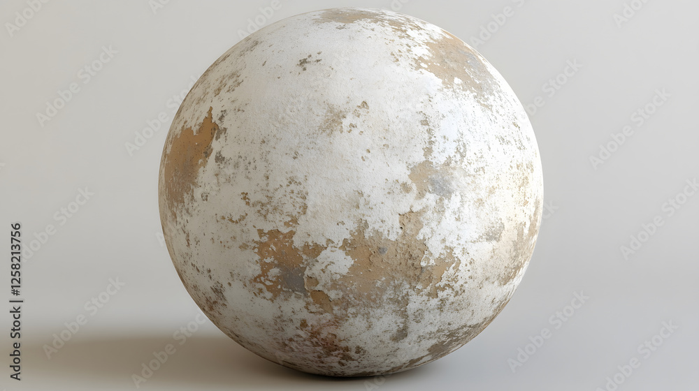 Poster a textured, weathered sphere with a white and gold surface, showcasing an artistic blend of colors a