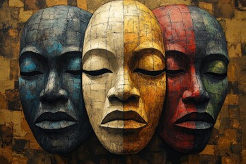 Artistic representation of three masks showcasing different colors and textures against a textured background