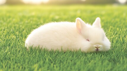 Serene Nap of a White Bunny Resting Peacefully on Green Grass in Bright Sunlight Natural Setting