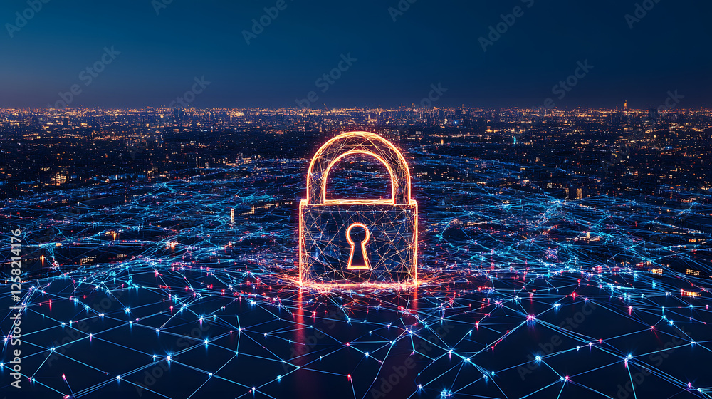 Poster a digital lock icon overlaid on a network of glowing connections, symbolizing cybersecurity and data