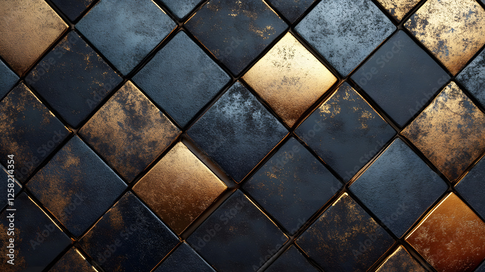 Poster a textured surface featuring interlocking dark and gold tiles, showcasing a modern, elegant design w