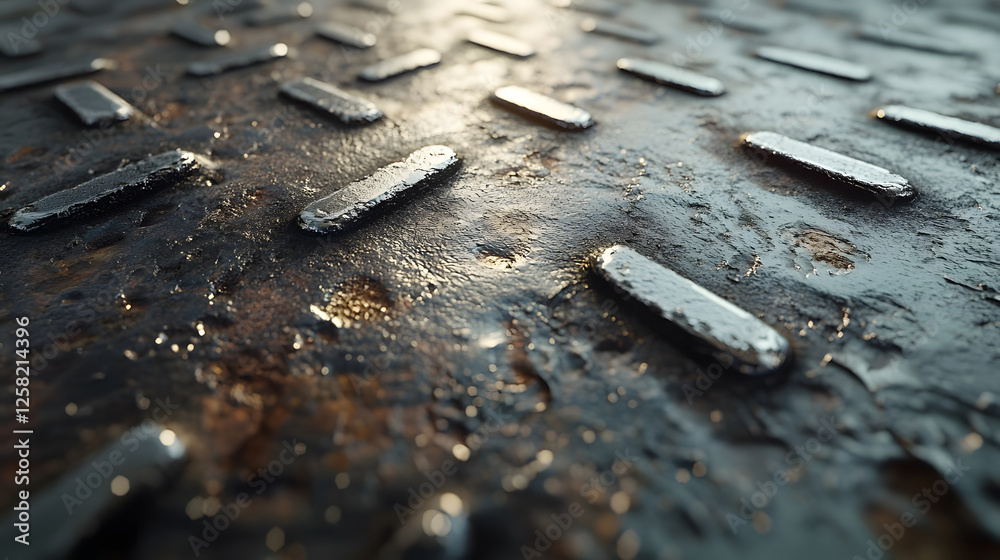 Poster A close-up view of a textured metal surface, showing a pattern of raised rectangles with a rustic, wet appearance