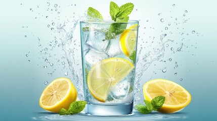 Fototapeta premium A glass of sparkling water with lemon slices and fresh mint, with effervescent bubbles and splashing water.