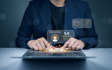 professional typing on a laptop, surrounded by digital rating icons, showcasing user feedback and a score of 5.0