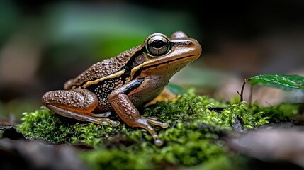 Fototapeta premium Vibrant Rainforest Frog Captured on Lush Green Moss Nature Scene Tropical Environment Close-up View Wildlife Concept