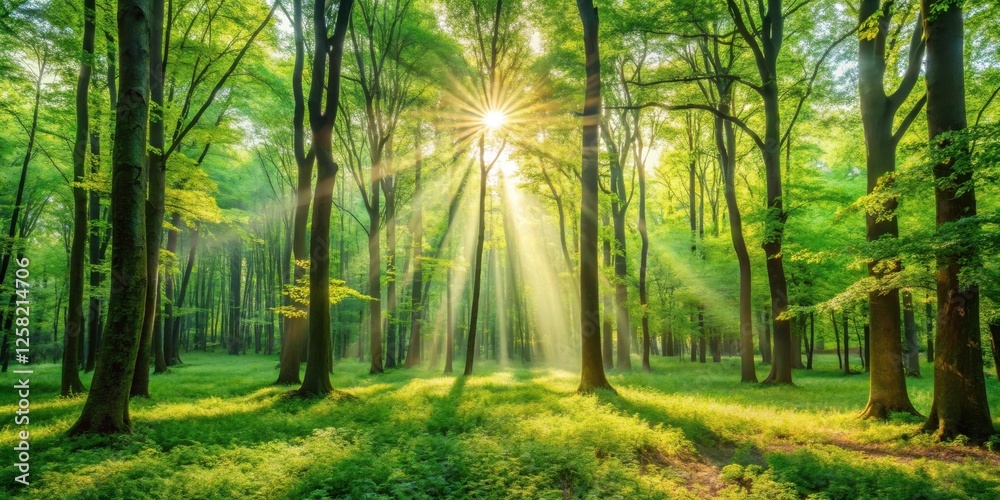 Poster golden sunlight beams through a dense canopy of emerald green leaves, creating a mystical and ethere