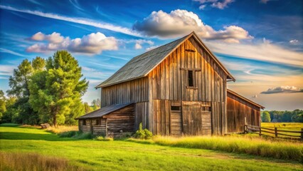 Obraz premium A rustic wooden barn stands weathered and worn, a testament to time and the changing seasons, against a backdrop of a vibrant blue sky adorned with billowing white clouds.