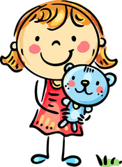 A child holds a kitten in his arms. Cartoon kid and pet, isolated vector illustration