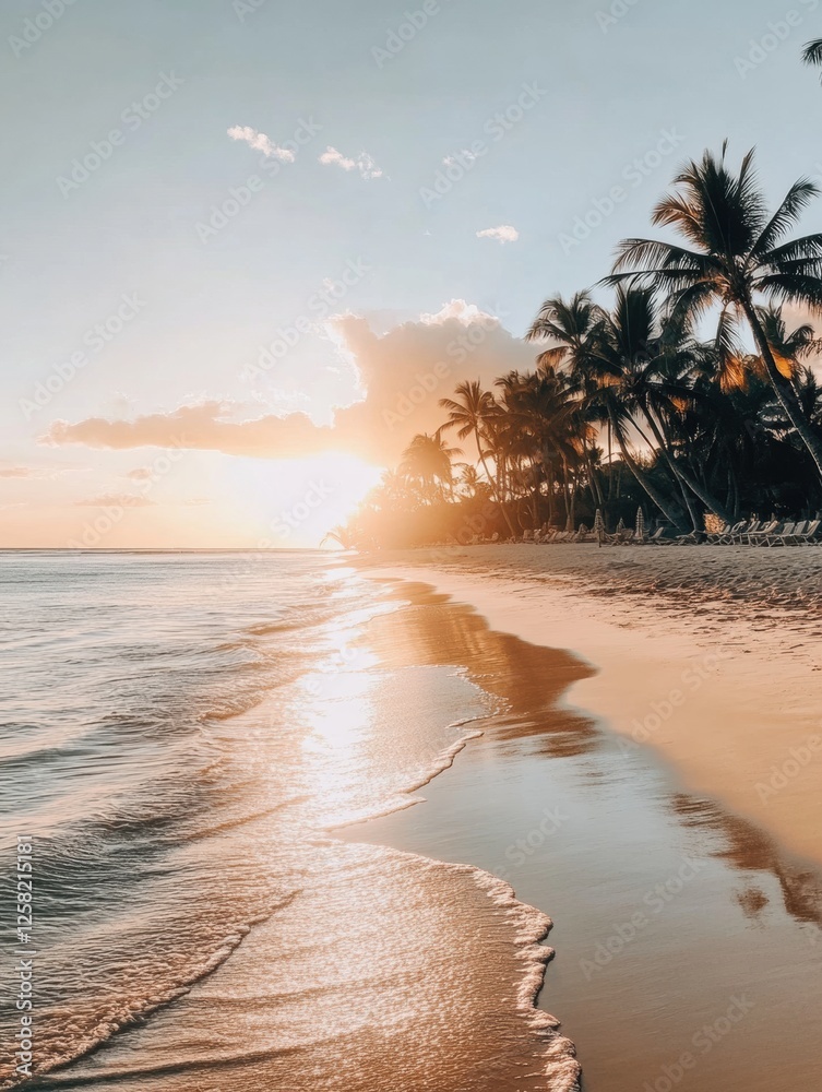 Poster beautiful sunset over a calm beach with reflections on the water and palm trees lining the shore. ge