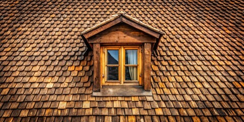 A weathered wooden roof with a single dormer window featuring a double hung sash with white curtains in a rustic setting.
