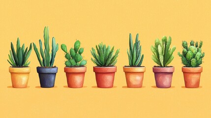 Fototapeta premium Colorful Collection of Potted Plants on a Bright Yellow Background