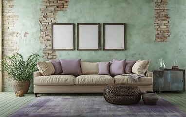 Beige sofa in rustic living room, mockup frames, interior design