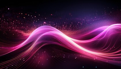Fototapeta premium dynamic pink light streaks forming a wave pattern against a dark background, sparkling particles resembling stars