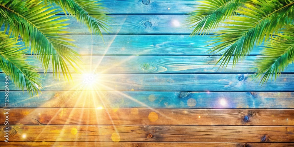 Aufkleber sunlight streaming through palm leaves onto a rustic wooden surface, creating a vibrant summer scene