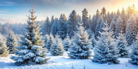 Fototapeta premium A winter wonderland scene featuring a frosty forest of evergreen trees blanketed in pristine snow, bathed in the warm glow of the morning sun.
