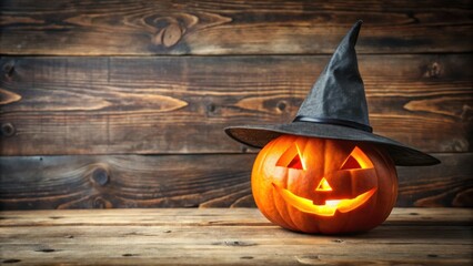 A glowing jack-o-lantern in a witch's hat on a wooden table against a rustic wood backdrop.