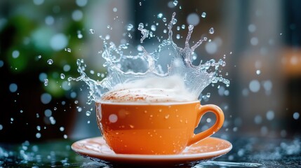 A vibrant cappuccino with frothy milk, caught mid-splash as water droplets dance around.