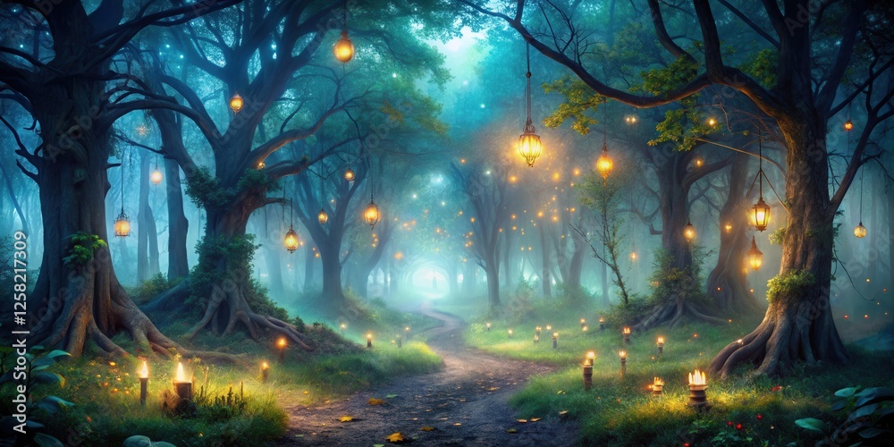 Aufkleber A winding path through a mystical forest illuminated by lanterns hanging from the branches and glowing orbs floating in the air