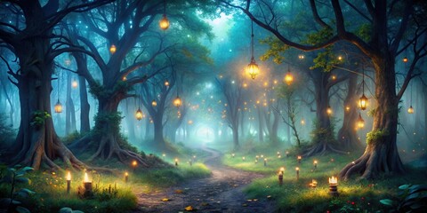 A winding path through a mystical forest illuminated by lanterns hanging from the branches and glowing orbs floating in the air