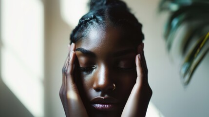 Employee practicing eye exercises and relaxation techniques at work during Workplace Eye Wellness Month, set in a softly lit office atmosphere