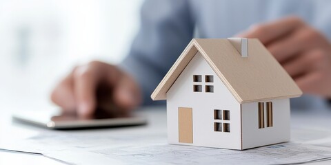 financial planning insurance tools concept. A person calculating finances next to a small model house.