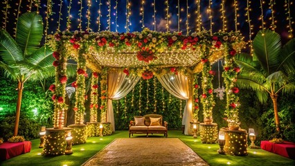 Fototapeta premium Magical Hindu Wedding Decor in Lush Night Garden - Romantic Indian Ceremony