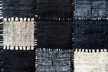 Handcrafted textile featuring a unique patchwork design in shades of black and white showcasing traditional weaving techniques